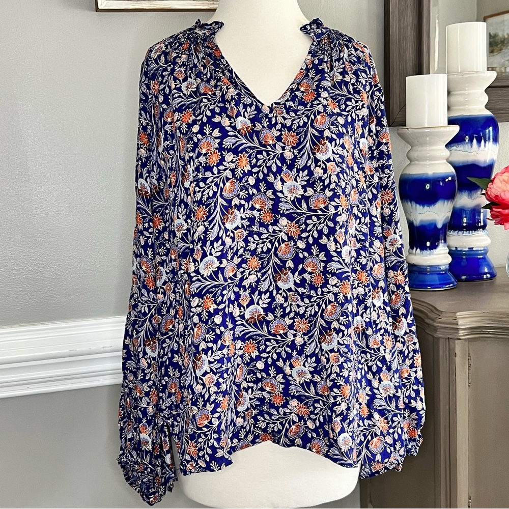 NWT 2x Womens Grace Blouse Size 2x Blue Orange Floral Print Flowers 099